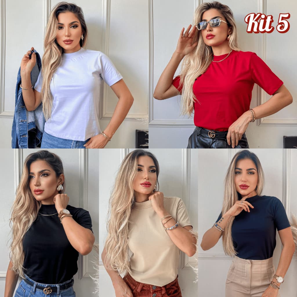Kit 5 Blusa Feminina Gola Alta Camiseta Manga Curta Básica T-shirt 100% Algodão Premium