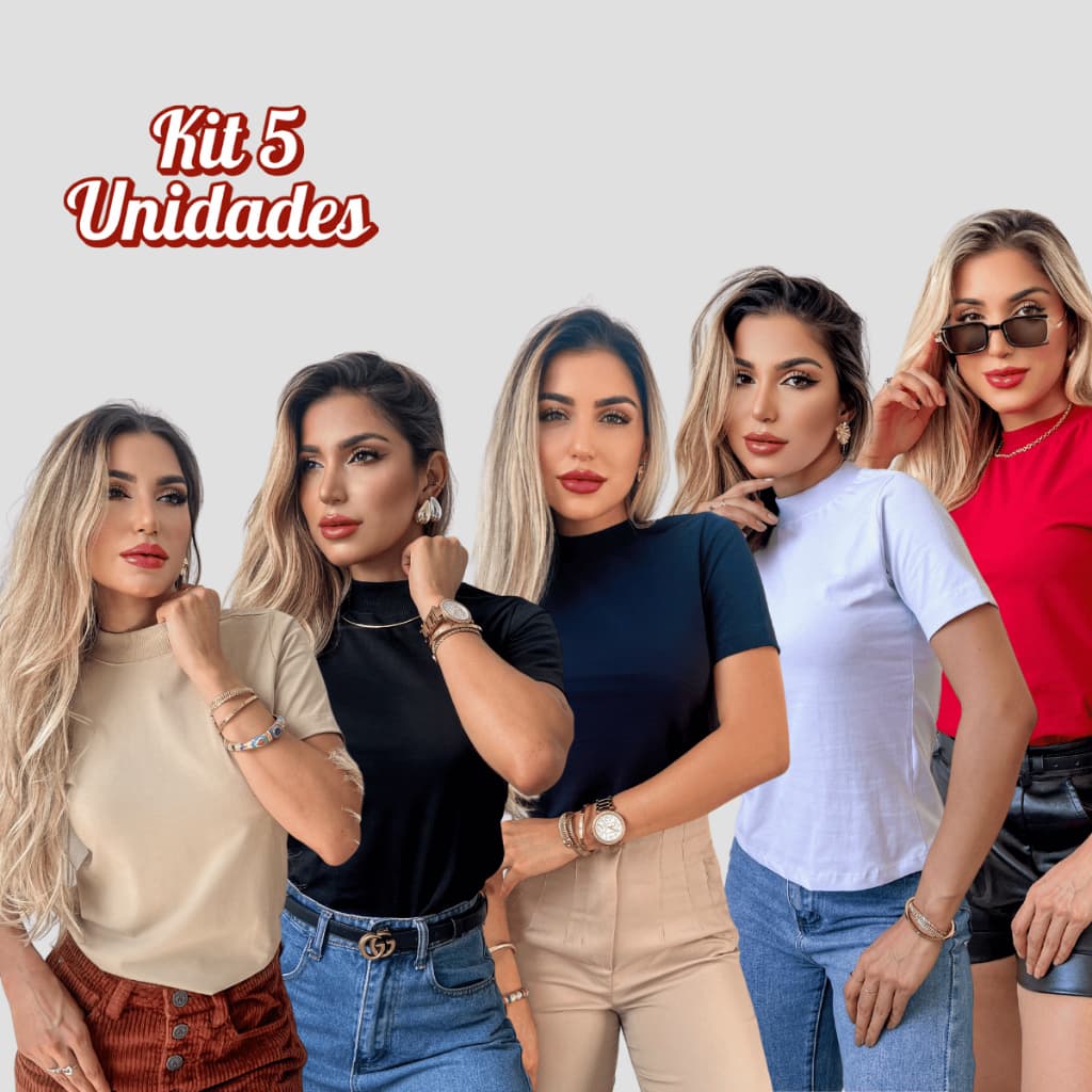 Kit 5 Tshirts Blusas Feminina Gola Alta algodão Camiseta Lisa Básica P M G GG