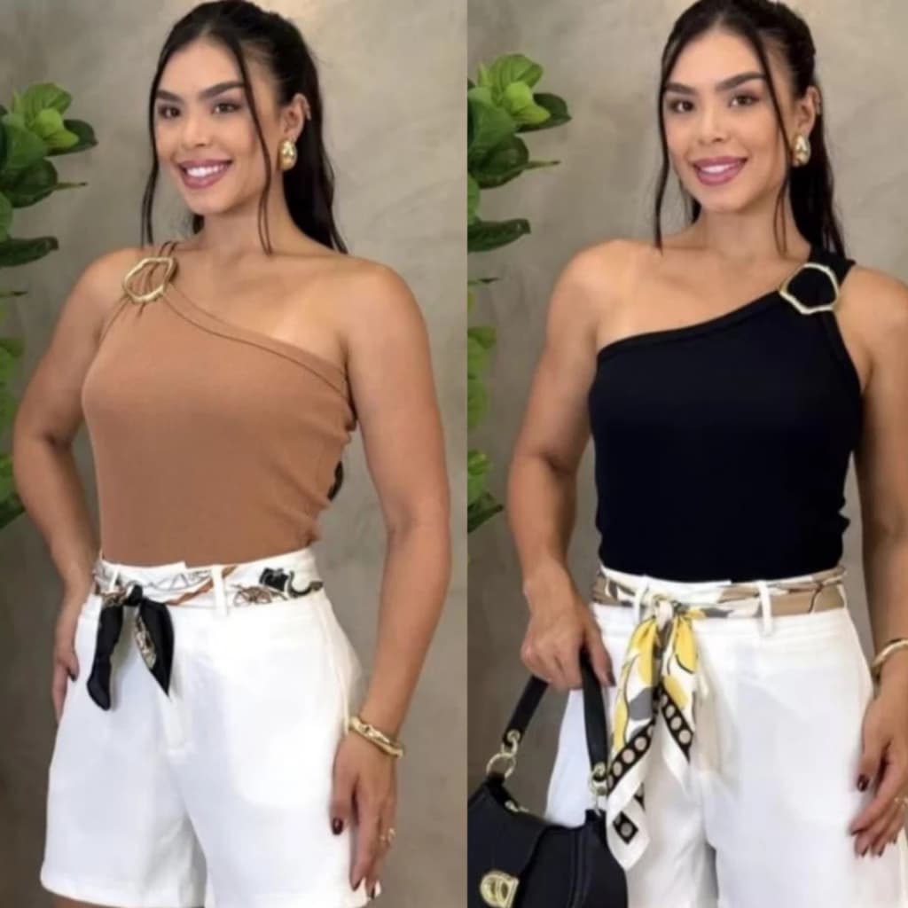 Kit 2 Blusa Feminina Mula Manca com Argola Dourada Elegante Ombro Só Nula Manga Social Suplex Moda