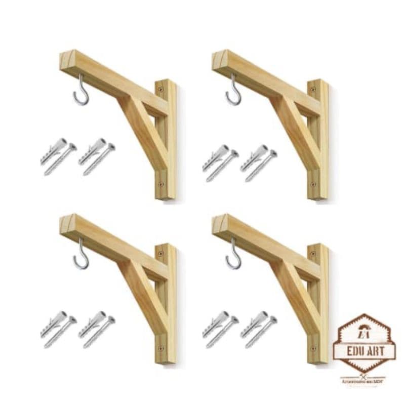 Kit 4 Mãos Francesas de Madeira Pinus 25x25 + Buchas e Parafusos | Suporte para Prateleiras e Vasos | Decoração Rústica