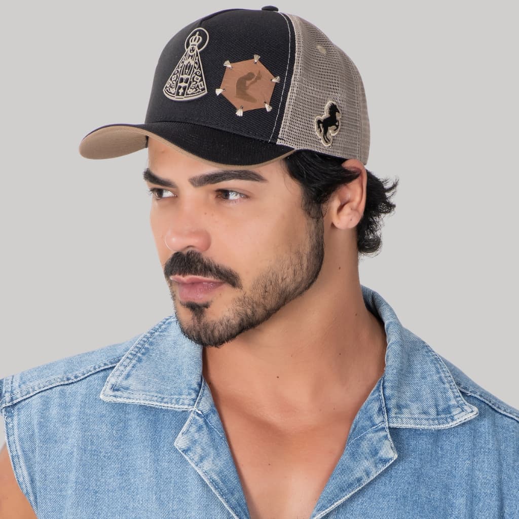 Boné Masculino Preto Pampas Country Nossa Senhora Aparecida Fé Modelo Telinha Trucker