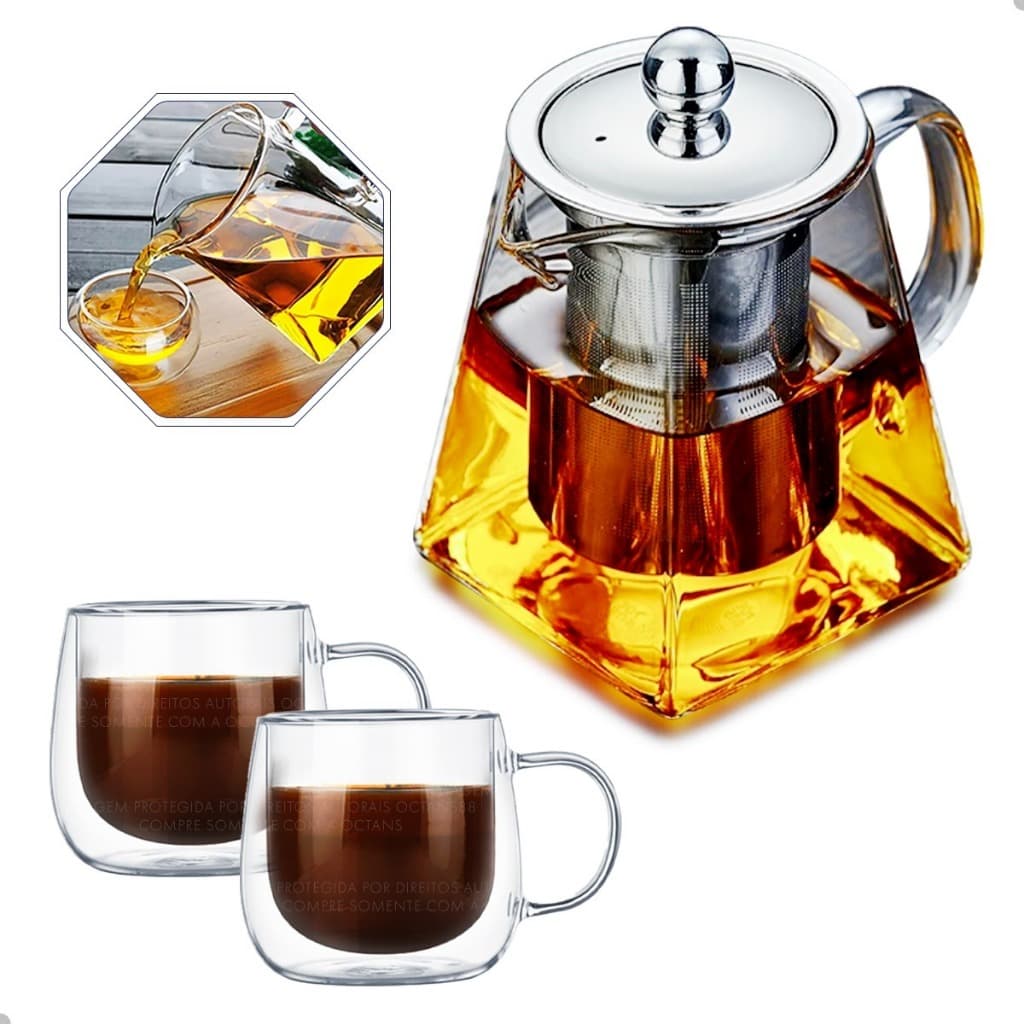 Conjunto de Chaleira de Vidro Quadrada 550ml com Infusor e 2 Xícaras de Parede Dupla 80ml, Borossilicato