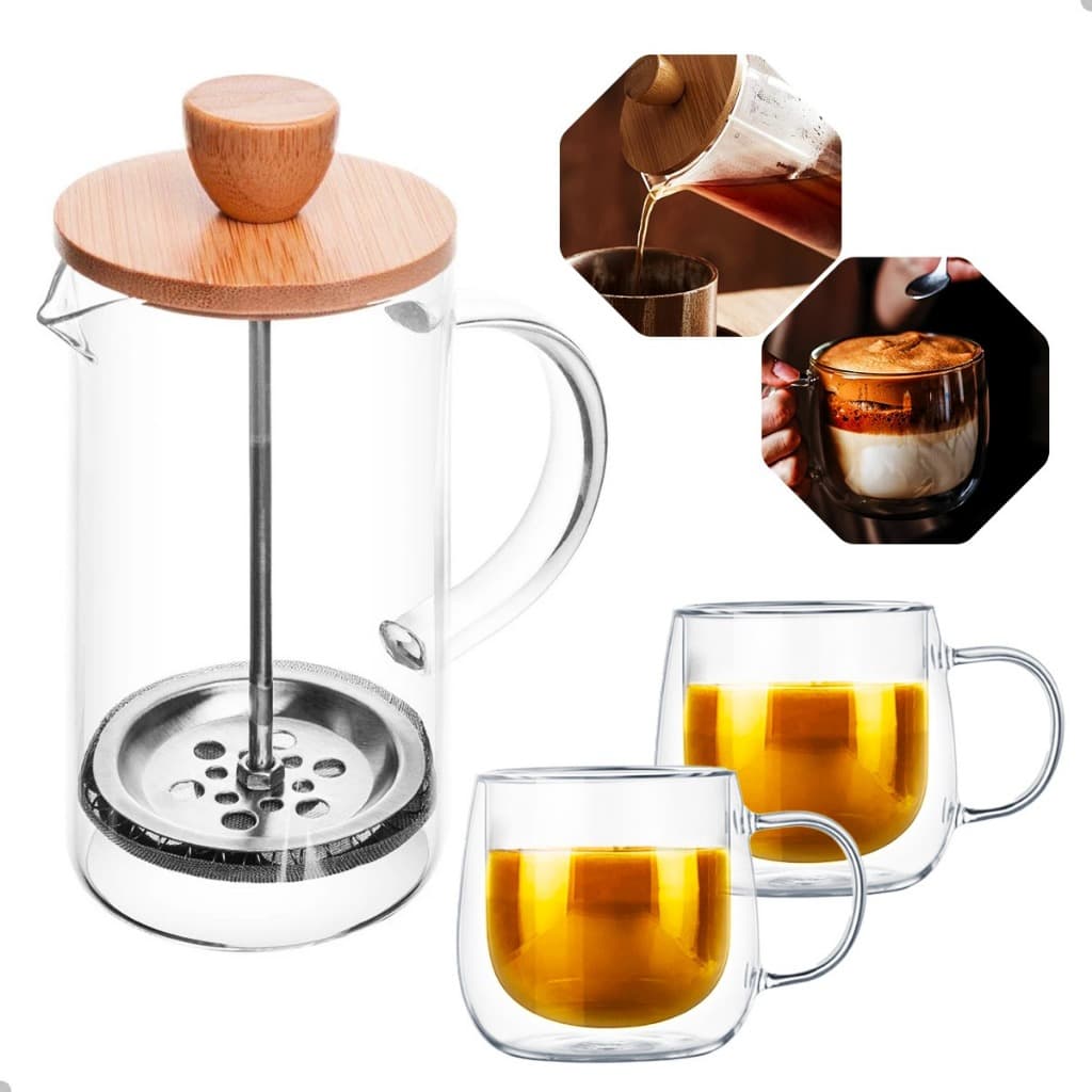 Conjunto de Prensa Francesa de Vidro 350ml com Tampa de Bambu e 2 Xícaras de Vidro Duplo 80ml