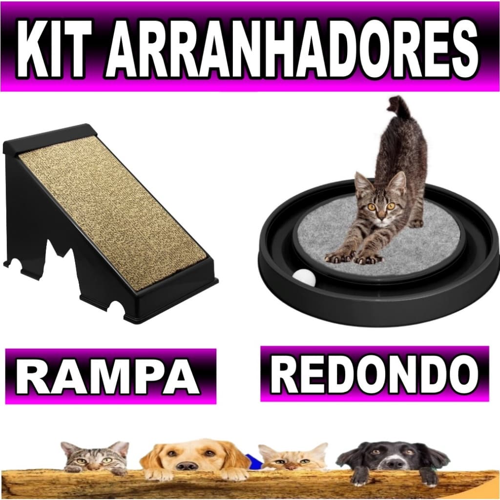 KIT 2 ARRANHADORES PARA GATOS RAMPA E REDONDO COM BOLINHA- BRINQUEDO INTERATIVO PARA GATOS CAT RELAX