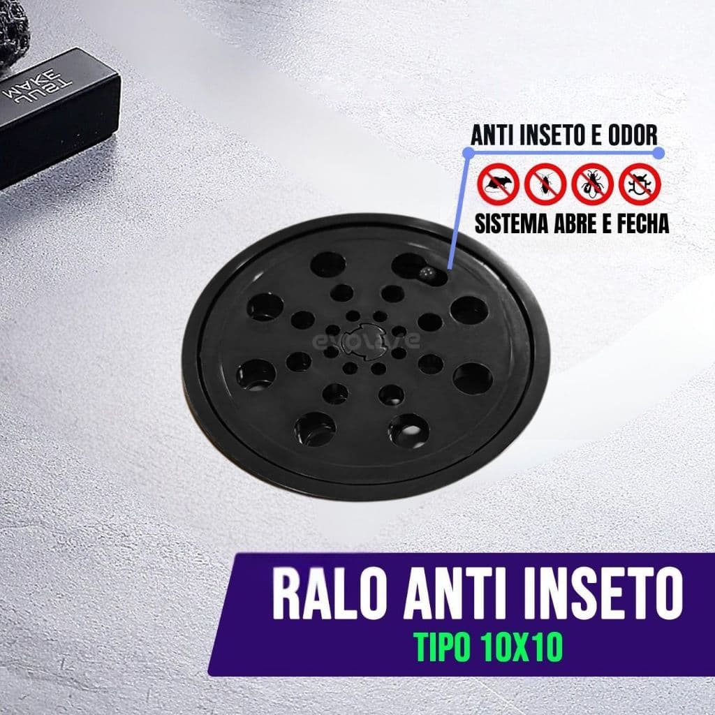 Ralo Redondo 10x10 Abre e Fecha Preto em ABS com Porta Ralo