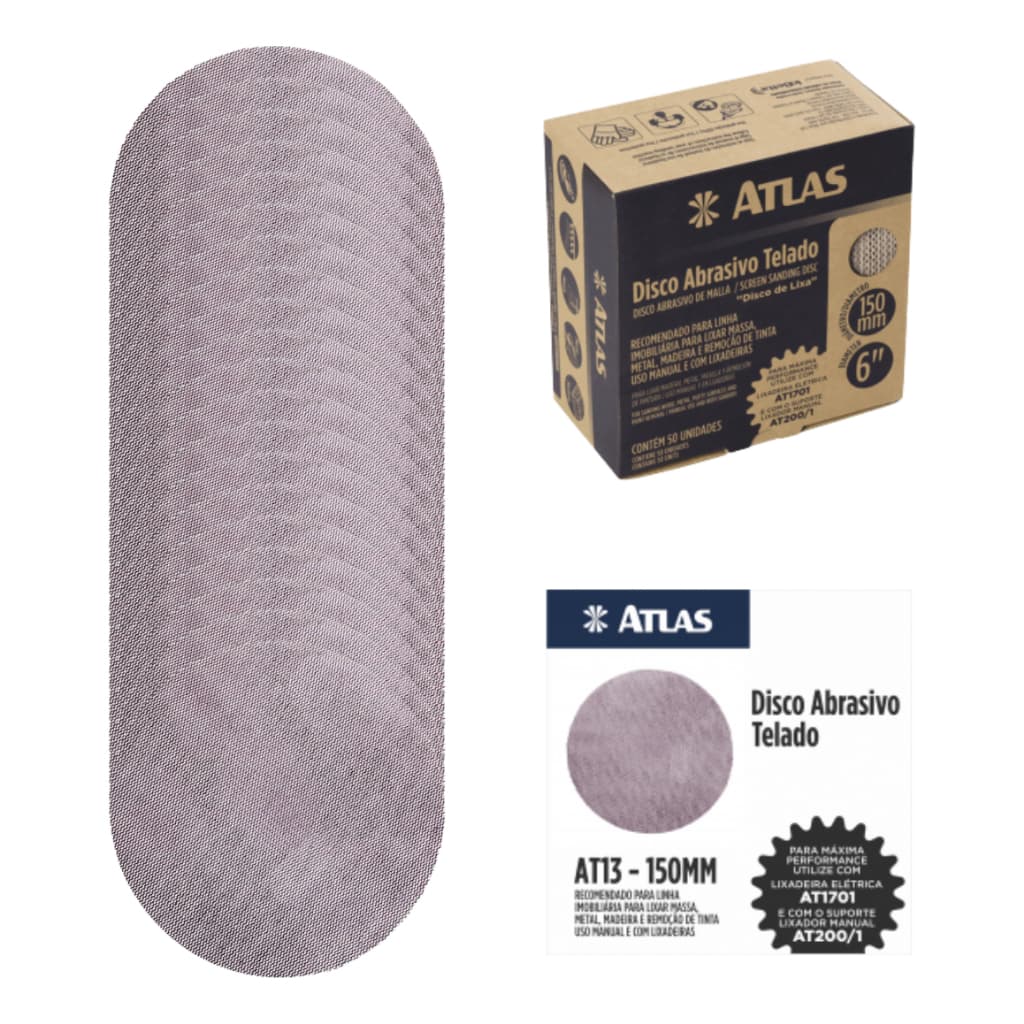 Kit Lixas Disco Abrasivo Telado Atlas 150mm 50unidades Escolha a Gramatura
