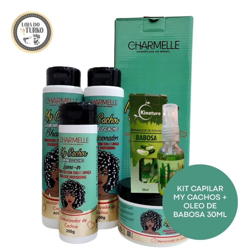 DEFINIÇÃO E BRILHO NATURAL - KIT CAPILAR MY CACHOS CHARMELLE + ÓLEO REPARADOR DE BABOSA KINATURE