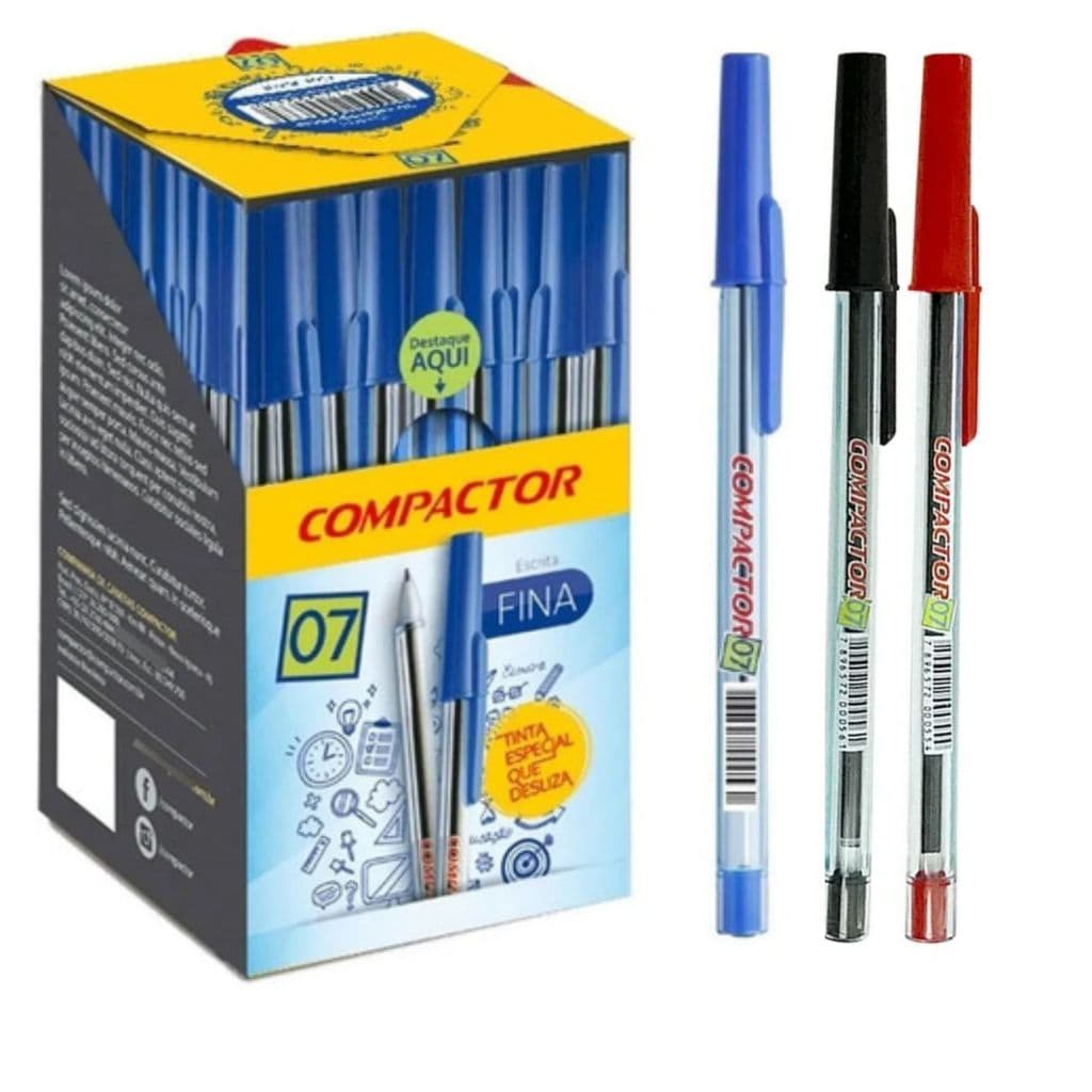 Caneta Esferográfica Compactor 07 Escrita Fina Kit 10 Unidades Azul, Vermelha e Preta