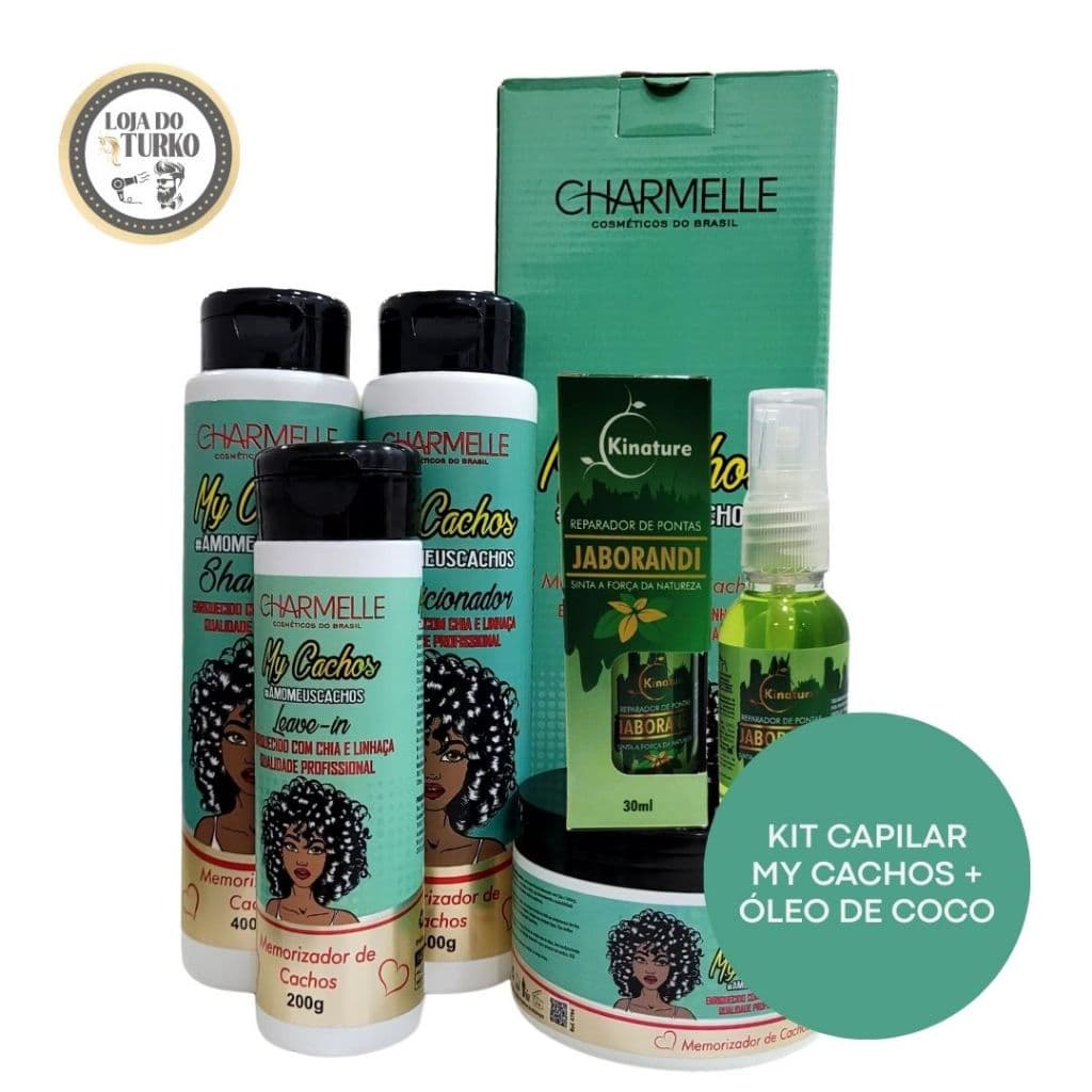 CACHOS DEFINIDOS E FORTES - KIT CAPILAR MY CACHOS CHARMELLE + ÓLEO REPARADOR JABORANDI KINATURE