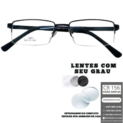 Óculos Completo Armação Metal Masculino Nylon Com Lentes Em Anti Reflexo Com Seu Grau
