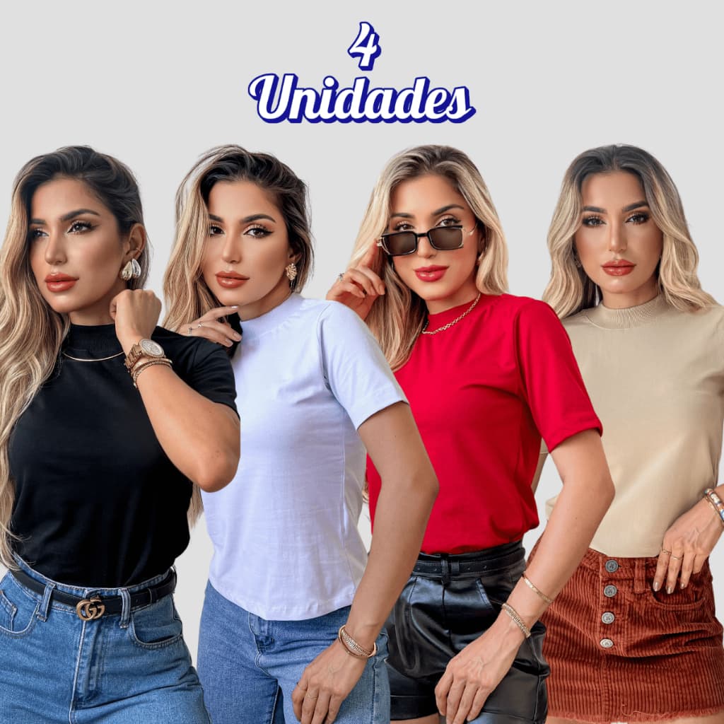 Kit 4 Tshirt Blusa Feminina Gola Alta 100% Algodão Camiseta Lisa Manga Curta Básica P M G GG