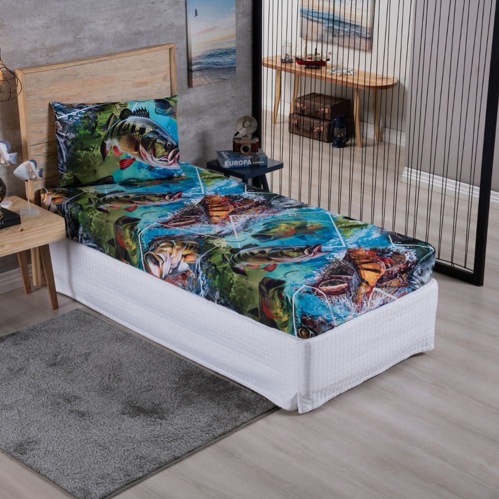 Jogo de Cama Infantil Lençol com Elástico e Fronha 02 Peças Peixe Peixes de Agua Doce Tucunaré