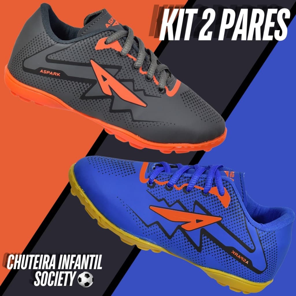 Kit 2 Pares Chuteira Society Tênis Infantil Masculino Grama Sintética Criança Biqueira Reforçada