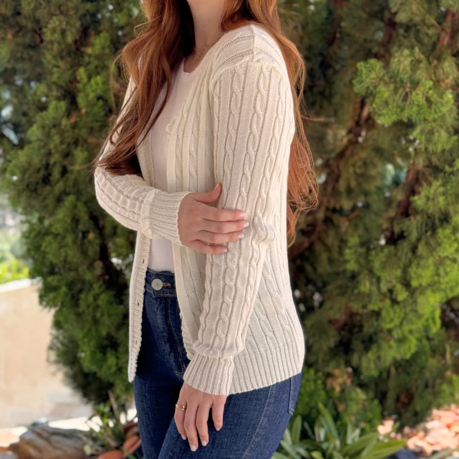 Casaco Tricot Off White Feminino Básico Tranças Aberto com Botões Inverno Cardigan Frio