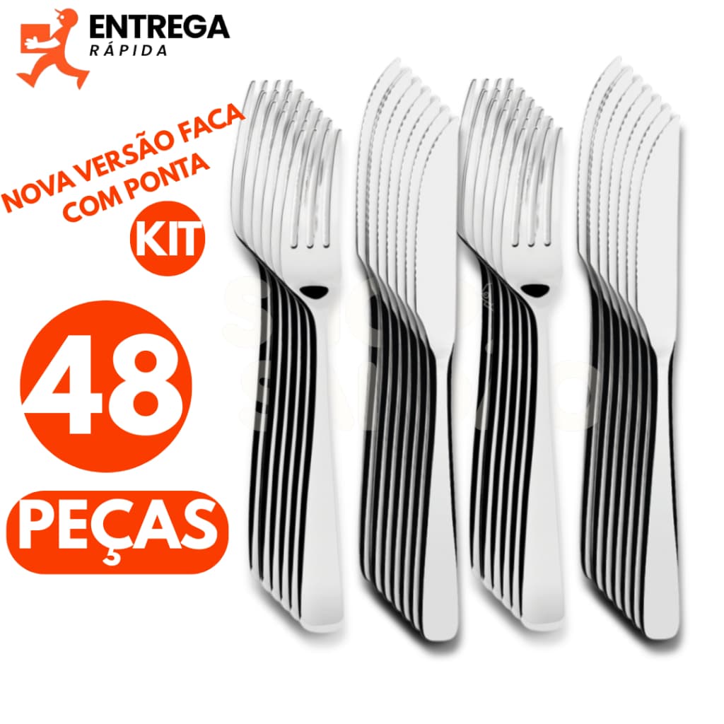 Kit 48 Talheres Aço Inox 24 Garfos e 24 Facas com Serra e sem Ponta Ideal para Churrasco e Refeições