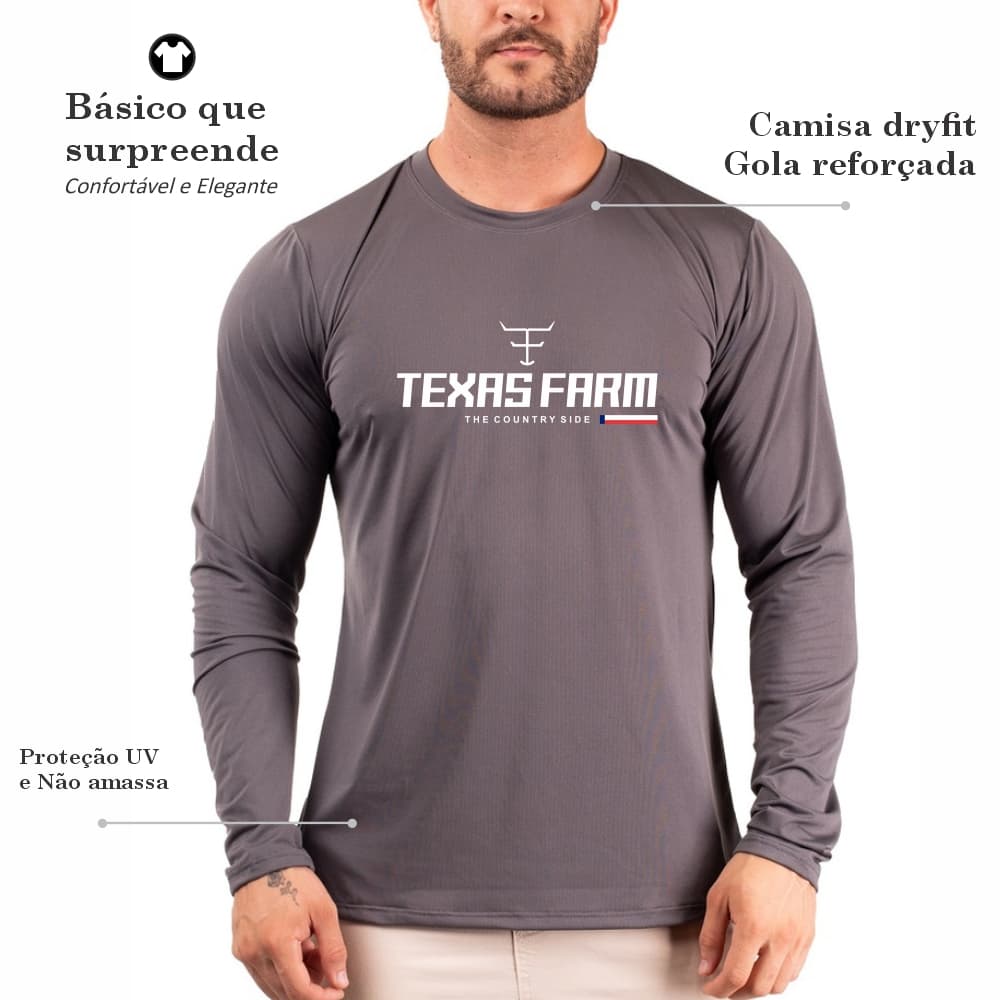 Camisa Camiseta EUA Masculina Manga Longa Country t-shirt Texas farm Blusa Proteção UV Rodeio Preto