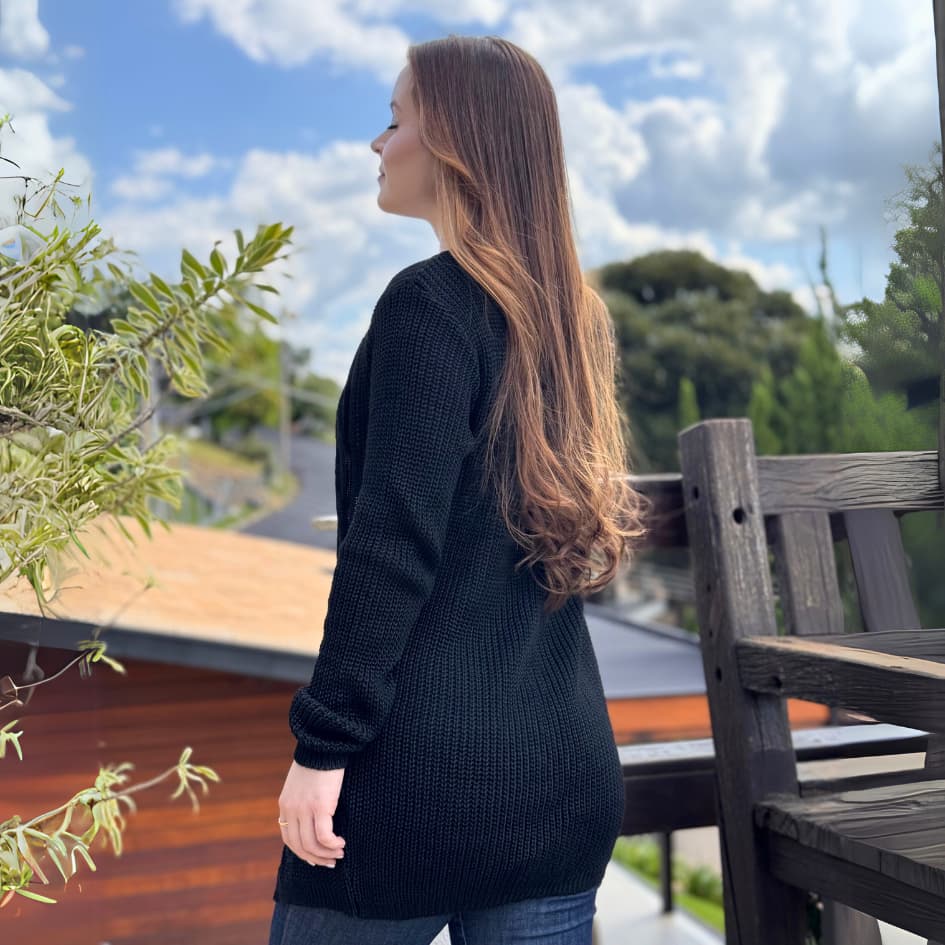 Cardigan Preto Casaco Feminino Moda Feminina Tricot Trança com Bolso Frio Inverno