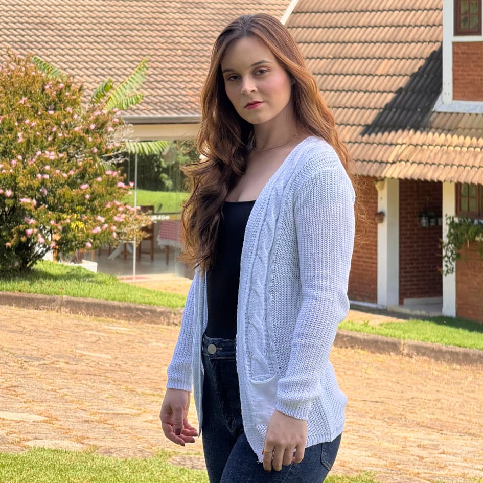Cardigan Branco Casaco Feminino Moda Feminina Tricot Trança com Bolso Frio Inverno