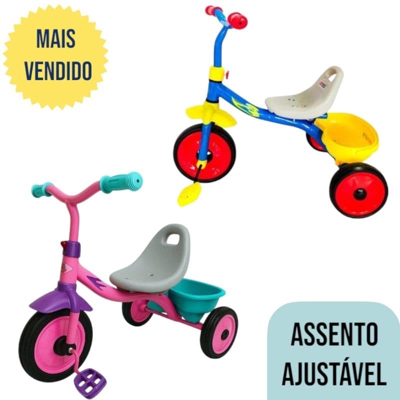 Triciclo Infantil Rosa ou Azul com Pedal Menina e Menino Assento Ajustável UNI-ART –Coordenação Motora | 1+ Ano | Até 30