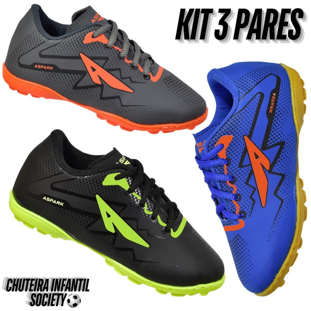 Kit 3 Pares Tênis Chuteira Society Infantil Masculino Colada E Costurada Menino Criança Societi