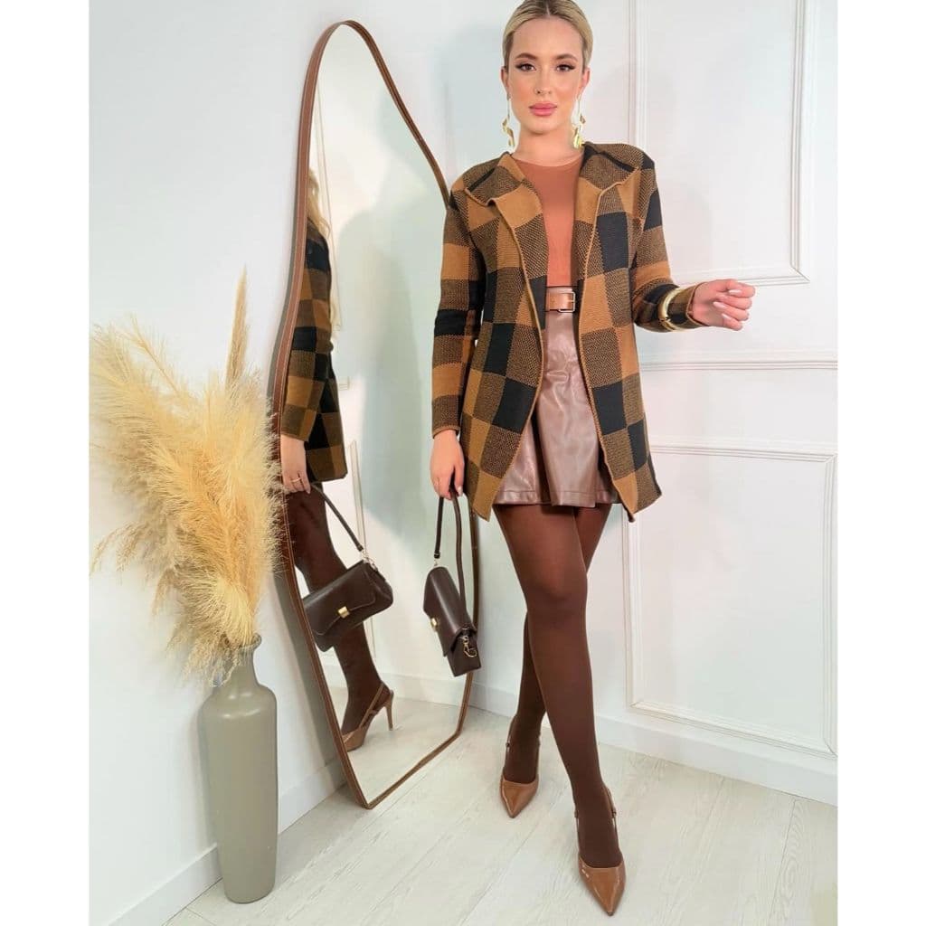 Casaco Feminino Tricot Cardigan Feminino Xadrez Cardigan Feminino Trico Moda Inverno