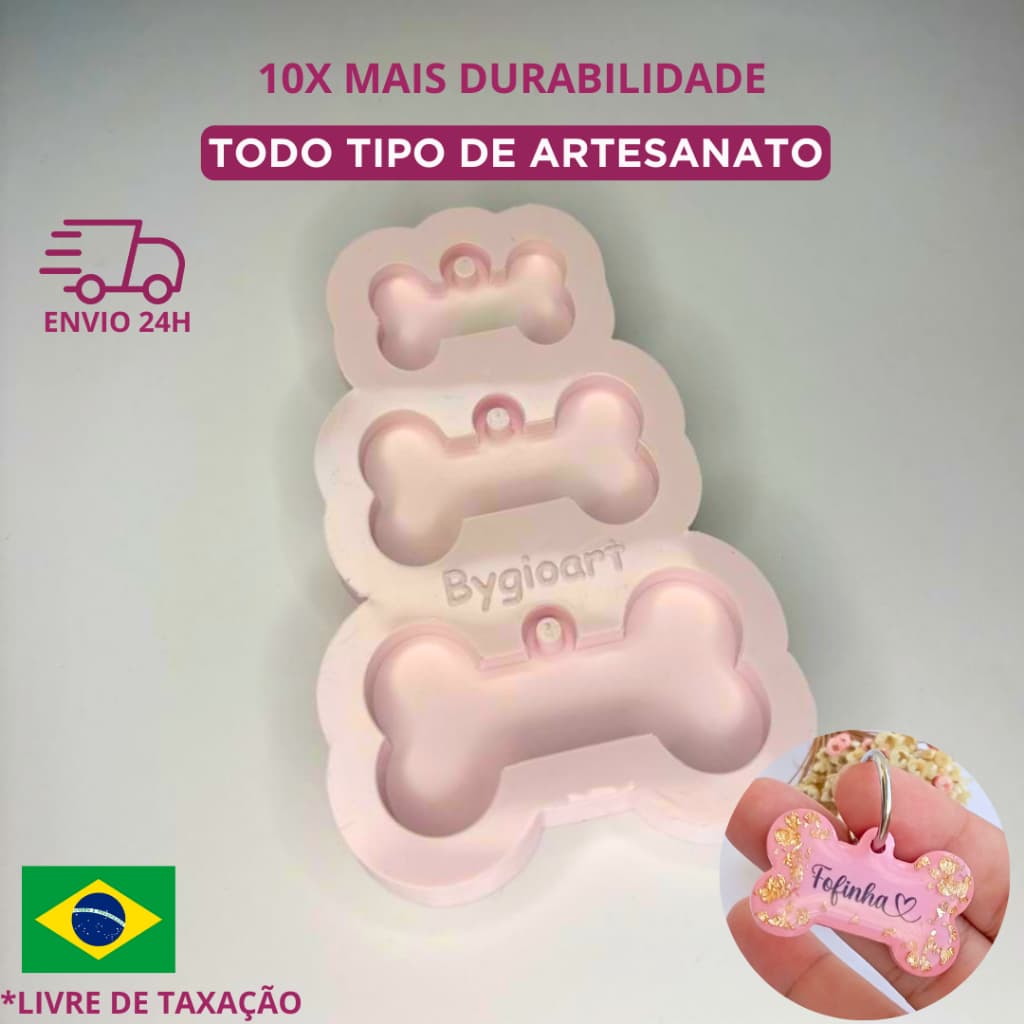 Molde silicone osso 3 cavidades resina epóxi tag coleira cachorro gato ossinho pingente eternização