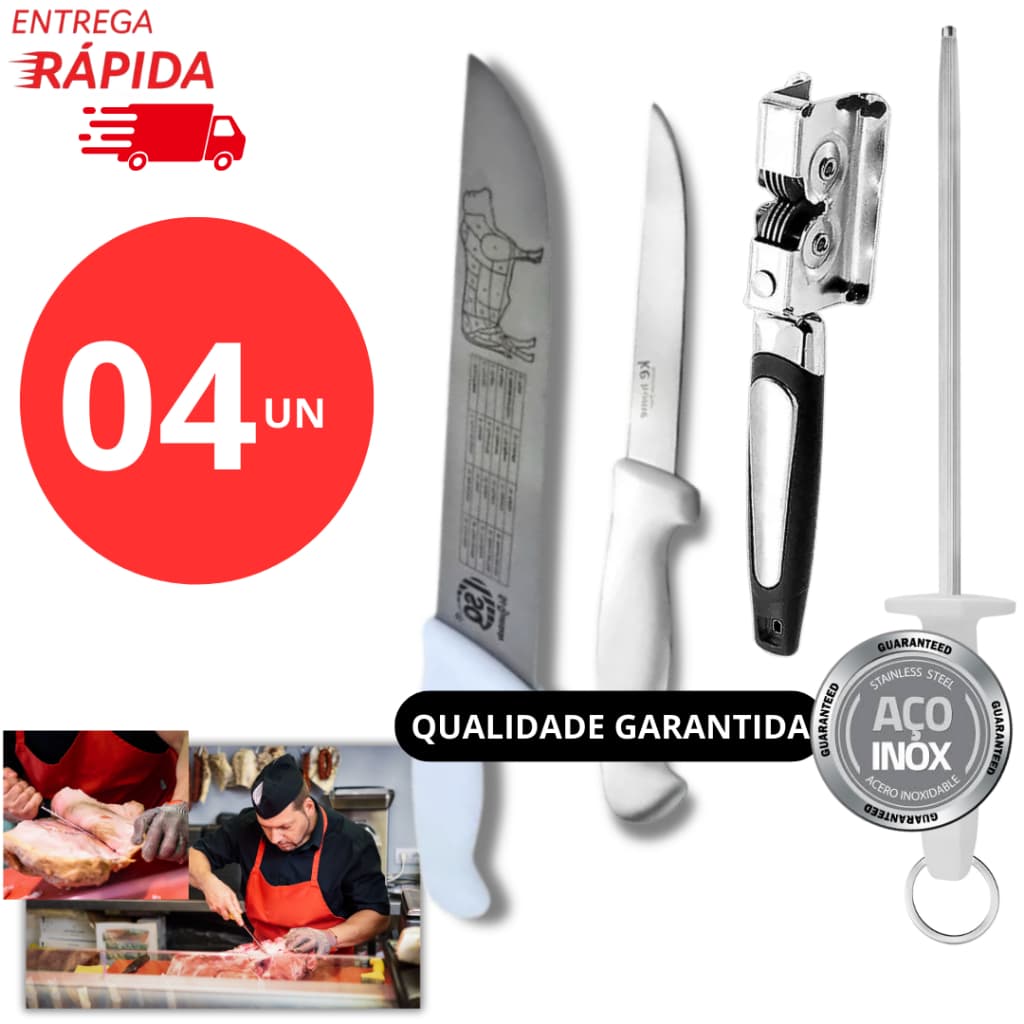 Kit 04 Utensilhos Faca Açougueiro/Amolador/Chaira/Faca do Chef Profissional Lâmina Aço