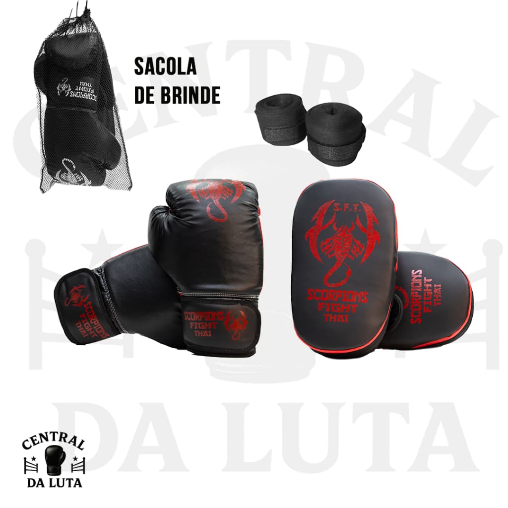 Kit Treino Caseiro Luva Boxe + Bandagem + Aparador de Soco + Sacola de Brinde | Muay Thai MMA