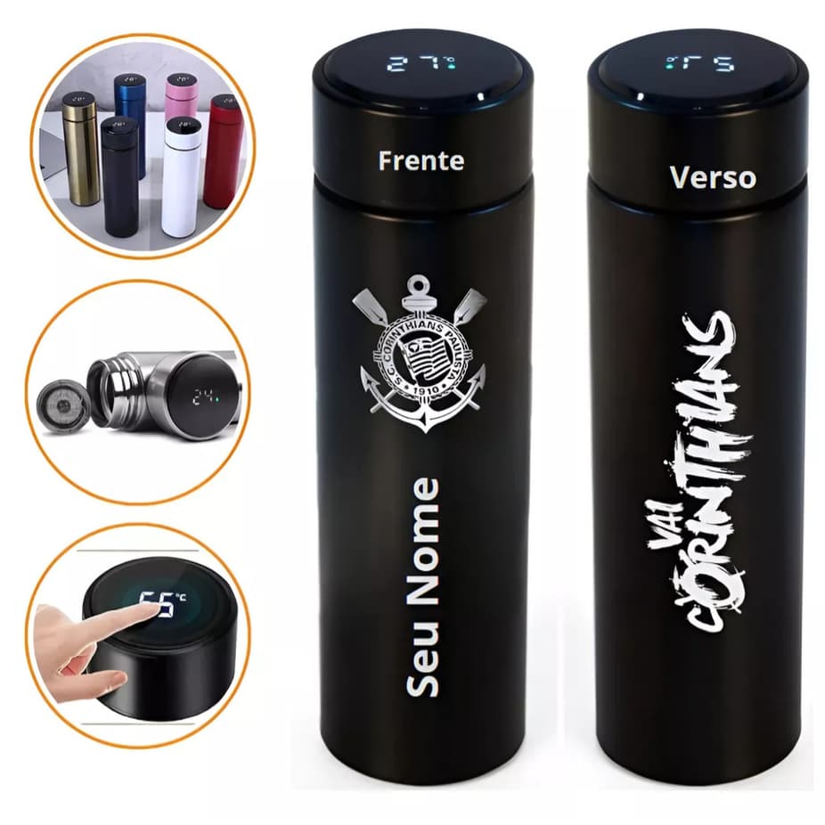 Garrafa Corinthians Termica Aço Inox C/led Personalizada Time + Seu nome 500ml