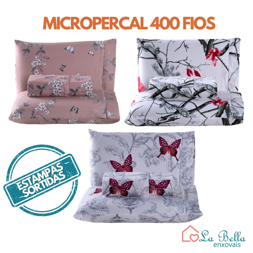 Jogo de Cama Lençol Solteiro Casal Queen 3 Peças Micropercal 400 Fios Estampado com Ponto Palito na Fronha