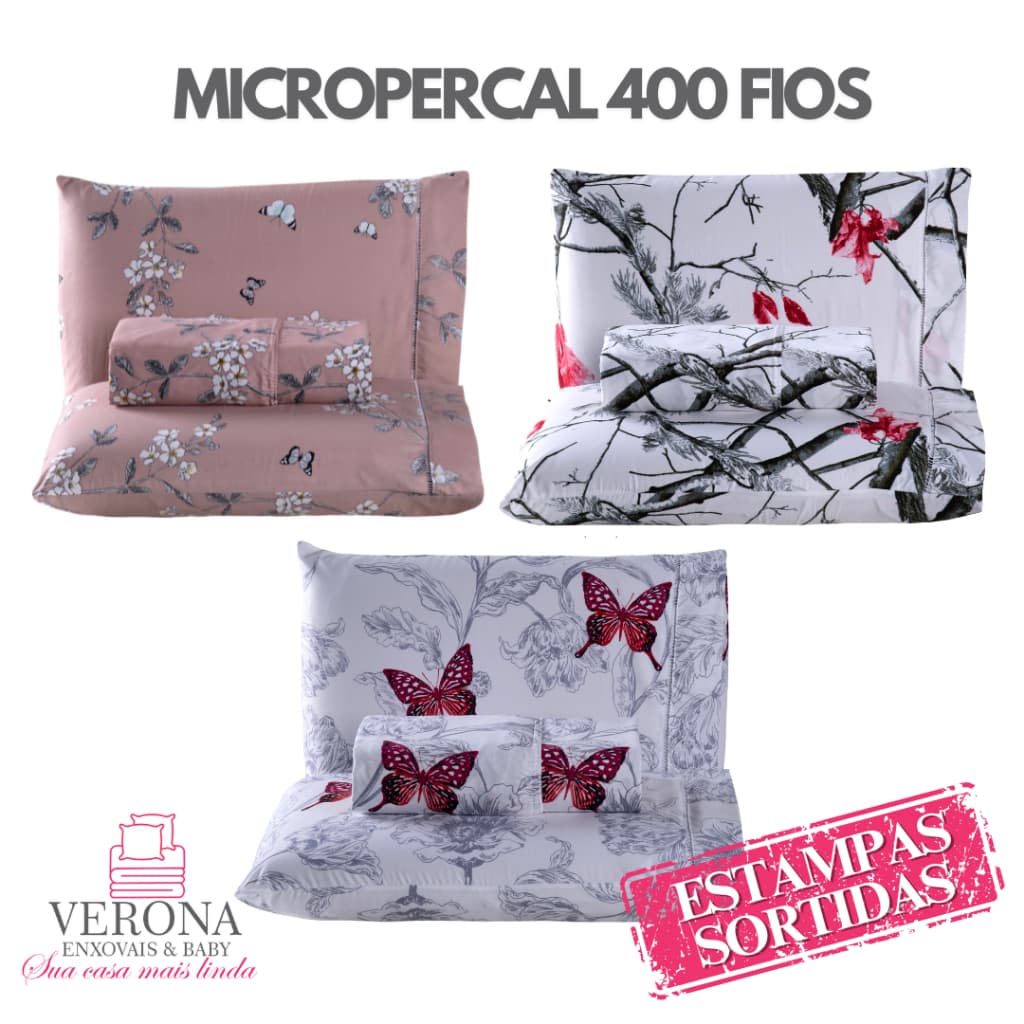 Jogo de Cama Lençol Solteiro Casal Queen 3 Peças Micropercal 400 Fios Estampado com Ponto Palito na Fronha - NOVIDADE