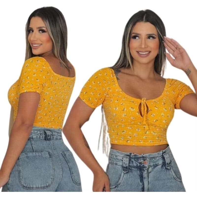 Croppeed Blusinha Feminino Curta Ciganinha Ombro a Ombro Corseler Com Bojo Florido Estampado Moda blogueira gringa Tend