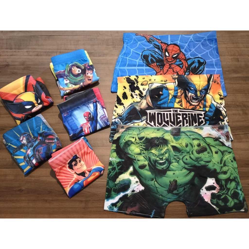 Kit com 10 Cuecas Boxer Infantil Masculinas – Sublimadas, Sem Forro, Estampas de Personagens Variados