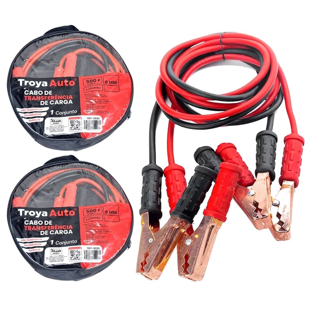 Kit Com 2 Cabos Auxiliares De Partida Chupeta Transferência De Carga 500Amp Carro Caminhonete Moto