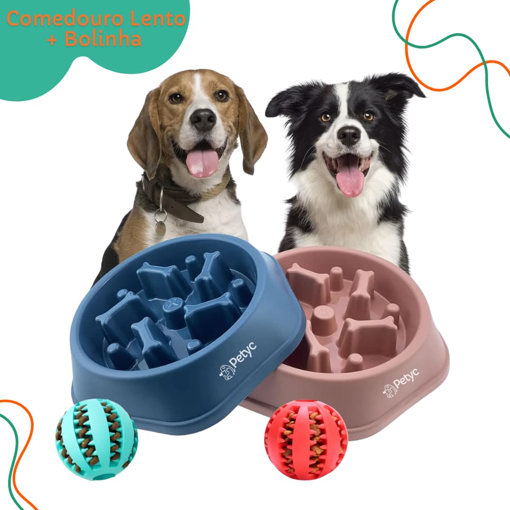 Kit Comedouro Lento + Bolinha Treinamento Petyc Porta Petisco Interativo Adestramento Cão Gato Estímulo Mental Slow Food