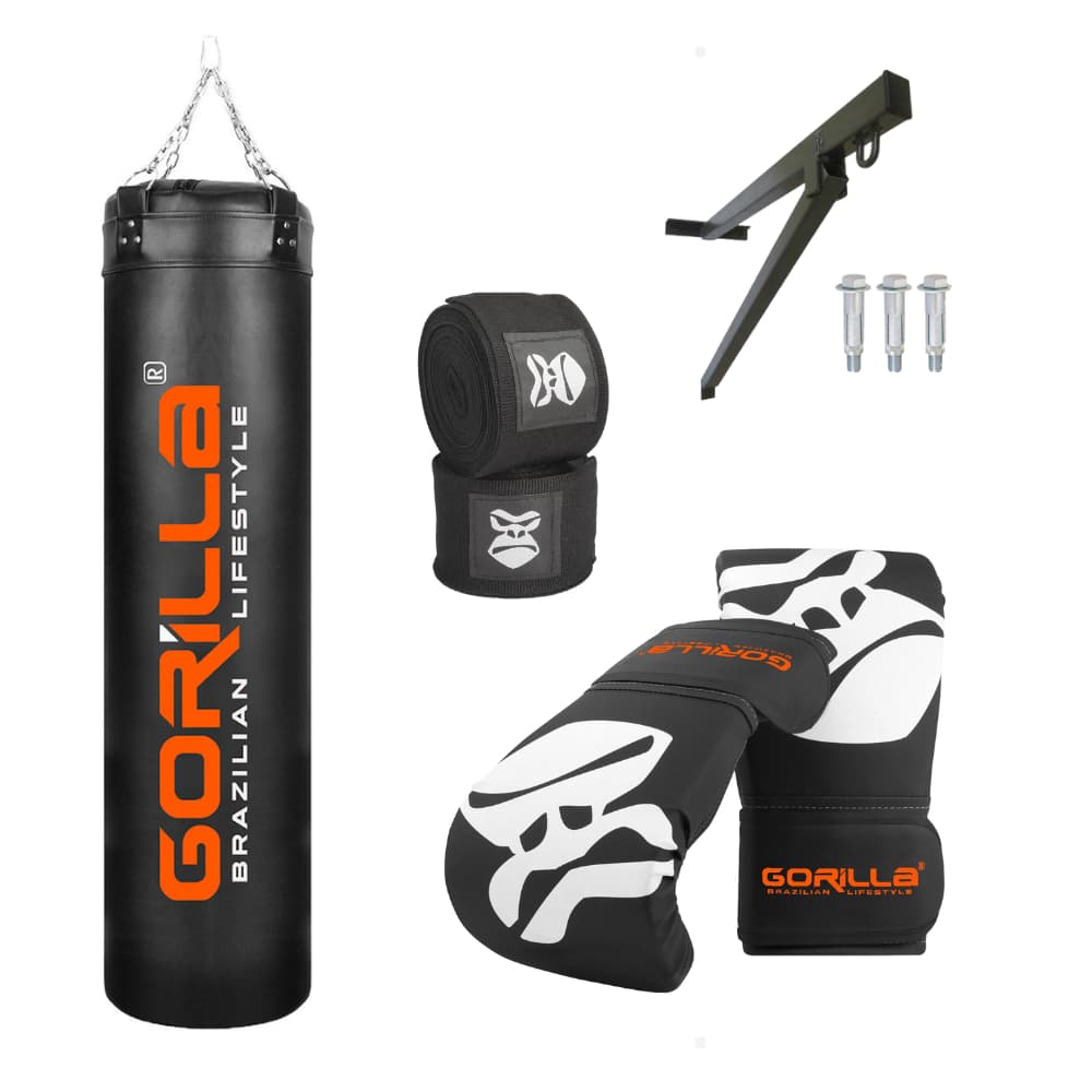 Saco De Pancada 160 Cm Boxe Gorilla+Luva Bate Saco Pro+Bandagem Elástica 3 M+Suporte Gorilla