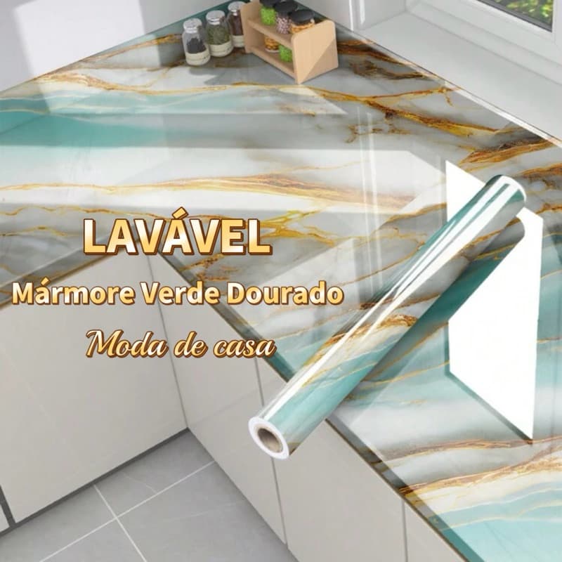 Papel de parede Adesivos para cozinha Mármore Verde Dourado  5 Metro x 60 cm Resistente a Agua/Óleo material lavável