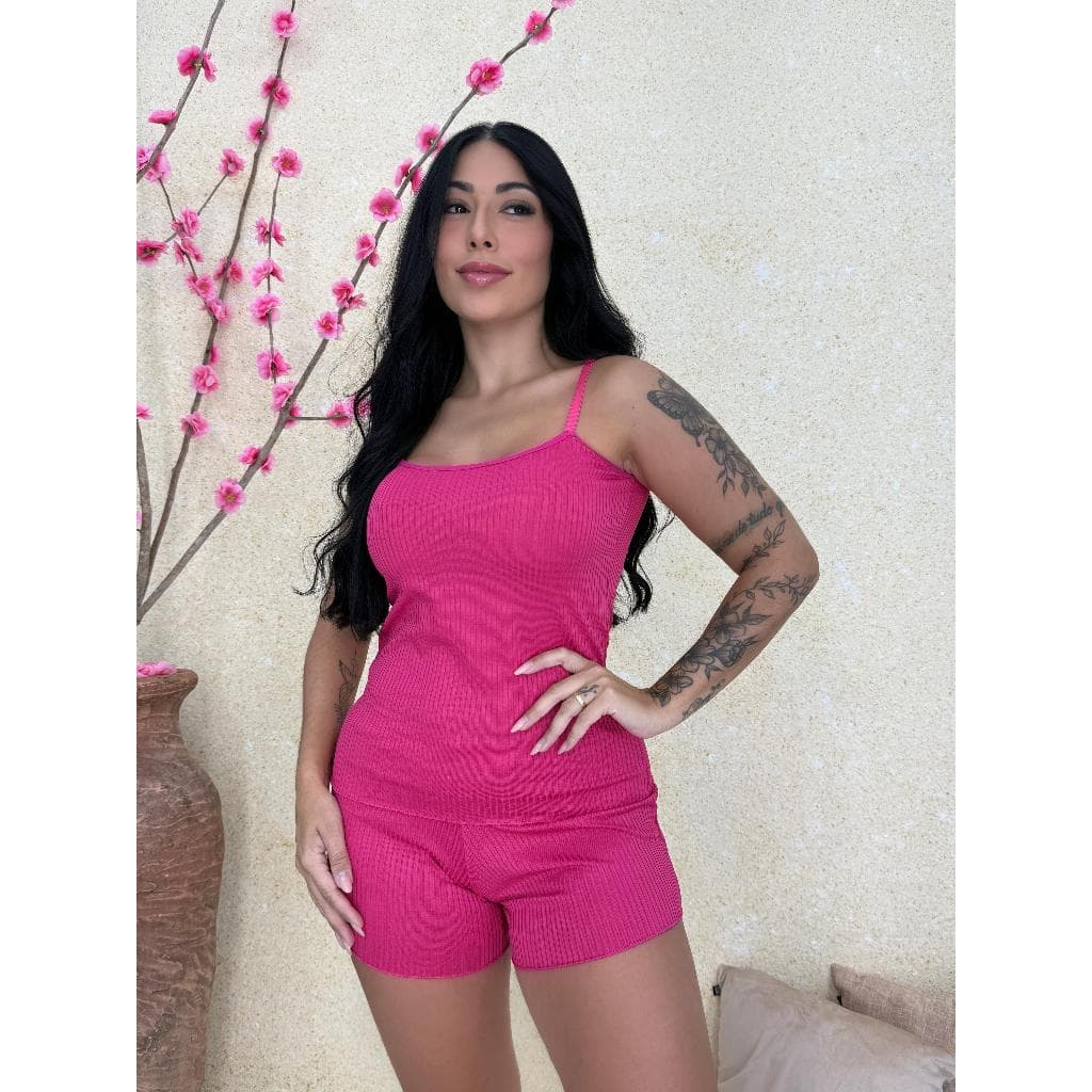 Pijama Baby Doll Feminino Canelado Liso