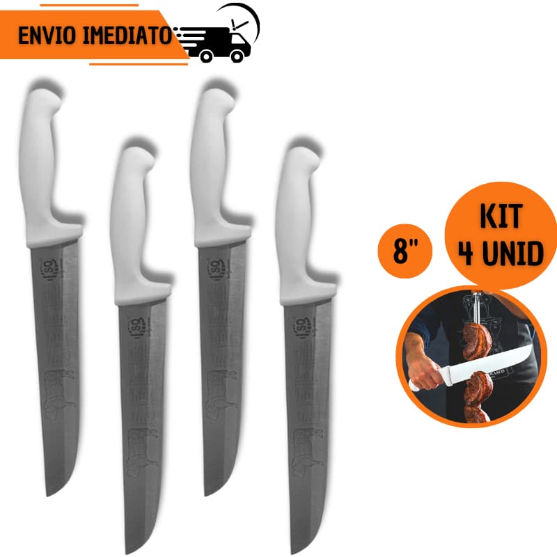 Jogo 4 Facas de Carne 8" Açougueiro Inox Cabo Branco Churrasco Cozinha Açougue Churrascaria