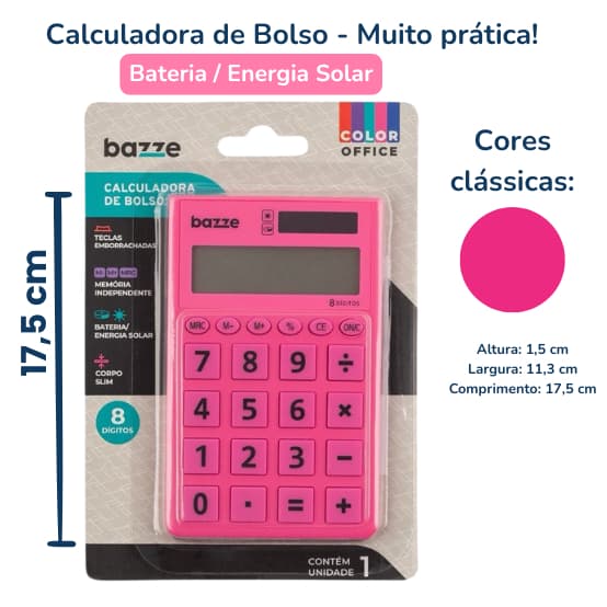 Calculadora de Bolso Slim Colorida 8 Dígitos – Solar e Pilha, Teclas Emborrachadas para Escola