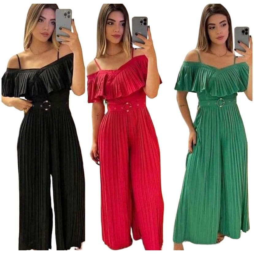 Macacão Longo Feminino Plissado Pantalona Liso