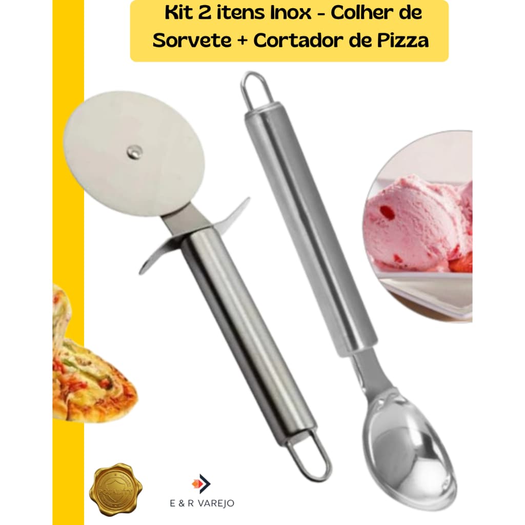 Colher de Sorvete Inox + Cortador de Pizza Kit 02 Peças - Fatiador de Pizza Utensílios de Cozinha