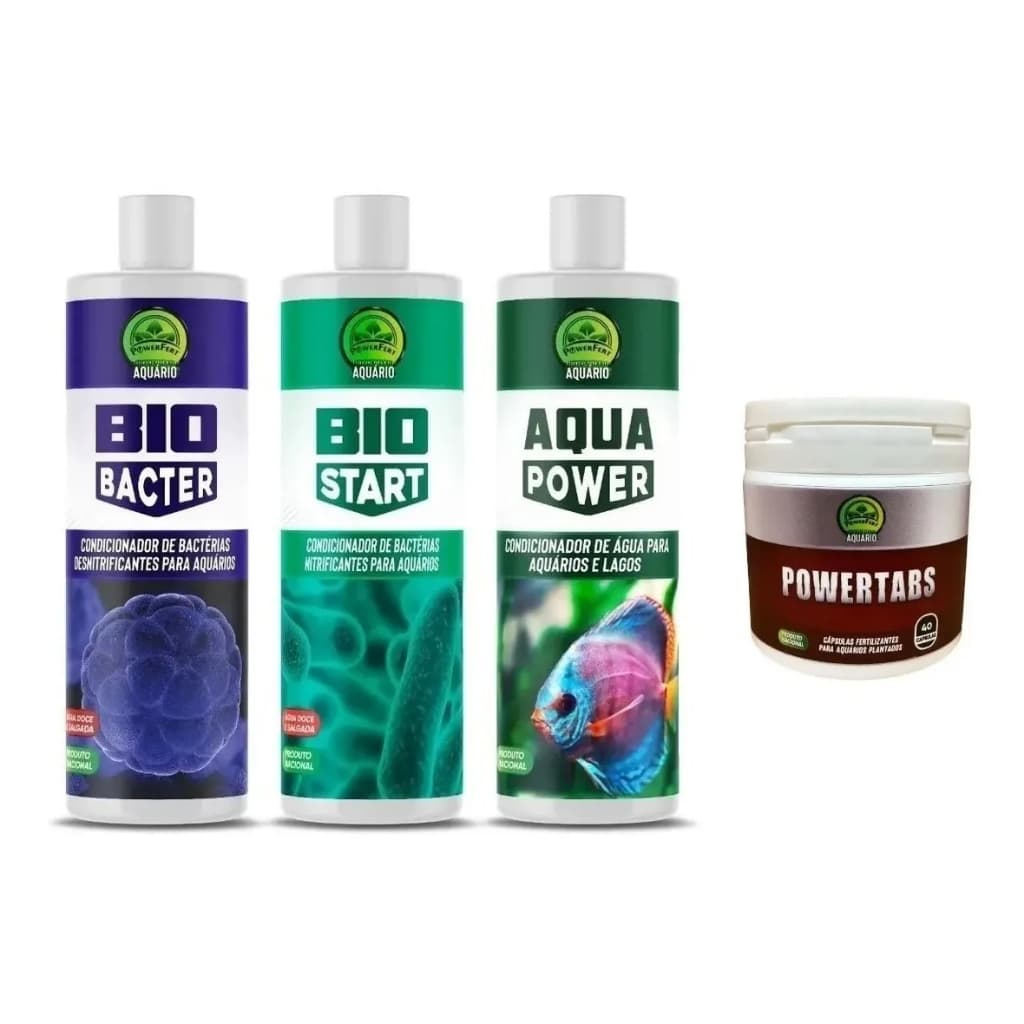 Powerfert Biobacter Biostart E Aquapower 1 Litro Powertabs Condicionador De Água Acelerador Biológico Fertilizante Power