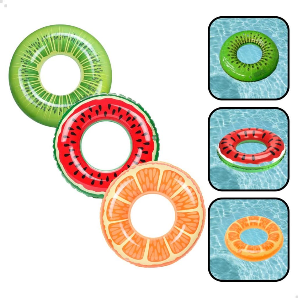 Kit 3 Boias Circulares De Frutas 90cm Adulto Infantil Colorida Redonda Piscina Divertida Gigante