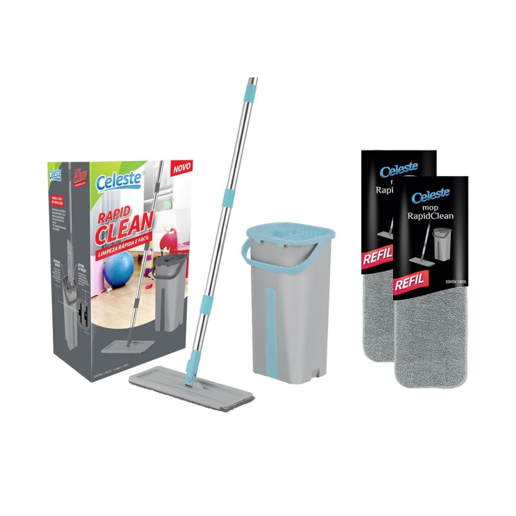 Rodo Mop Flat Balde Rapid Clean 2 Refis Celeste
