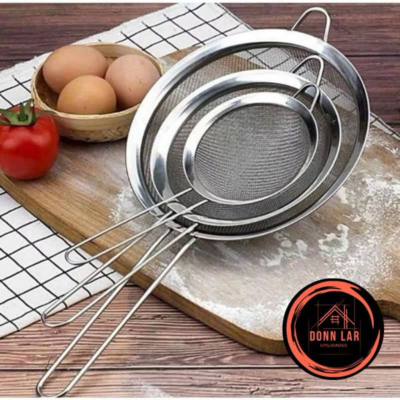 Kit 03 Peneira Coador Manual Em Aço Inox Para Cozinha 08 10 e 12 cm