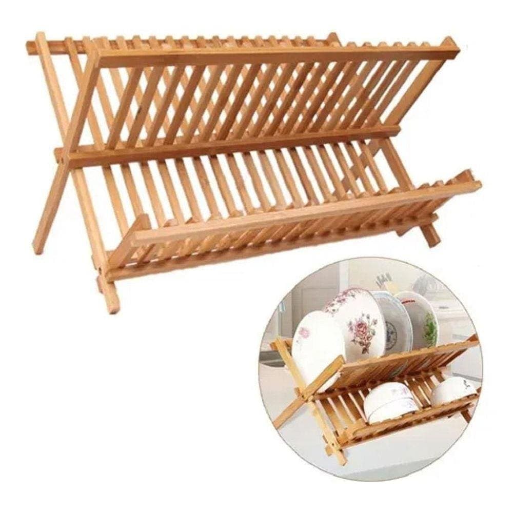 Escorredor de Pratos Dobrável Bambu Natural Suporte Louças Utensílios Copos Organizador Casa Cozinha