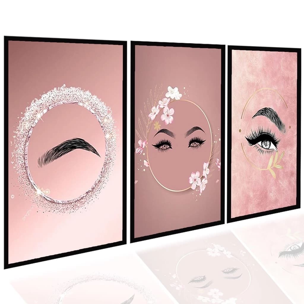 Kit 3 Quadros Decorativos Studio Design de Sobrancelhas Cílios Moldura