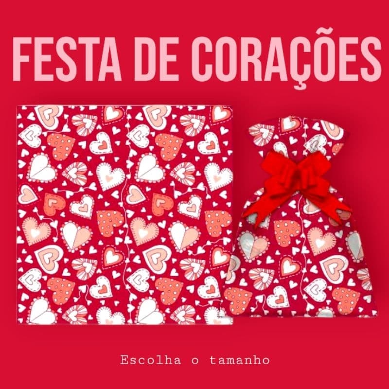 Saco para presente corações em festa 20x29 ou 25x35 kit ou a unidade