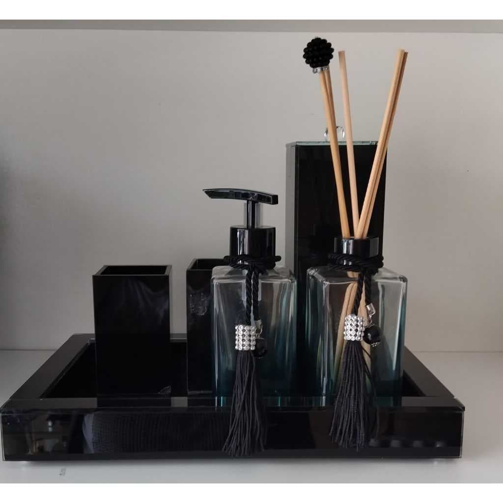 KIT LAVABO LUXO COM BANDEJA 3,5X20X30 PRETA COM PORTA COTONETE E PORTA PASTA,PORTA ESCOVA E SQUARE VERDE DEGR